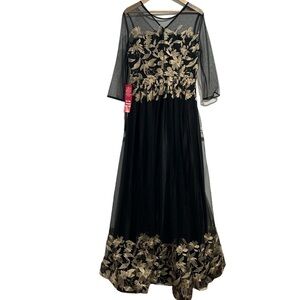 Tahari gown dress black gold floral embroidery size 8 NEW‎ NWT